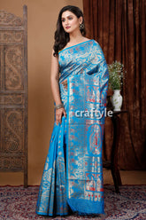 Vivid Sky Blue Silk Saree with Gold Zari and Meena Detailing - Craftyle