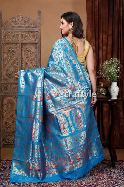 Vivid Sky Blue Silk Saree with Gold Zari and Meena Detailing - Craftyle