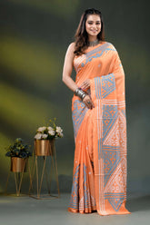 Vivid tangerine kutch embroidery silk saree with multicolor thread 1