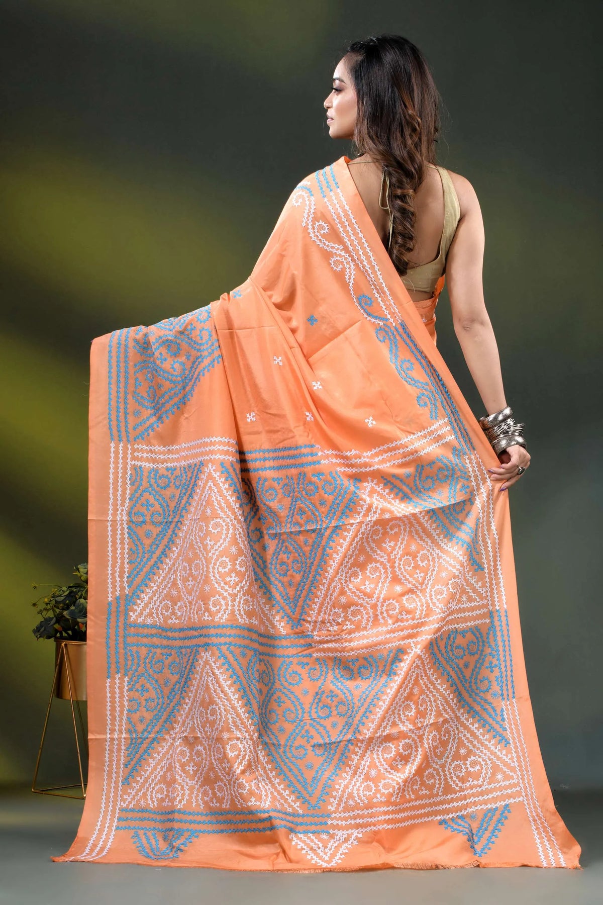 Vivid tangerine kutch embroidery silk saree with multicolor thread 5