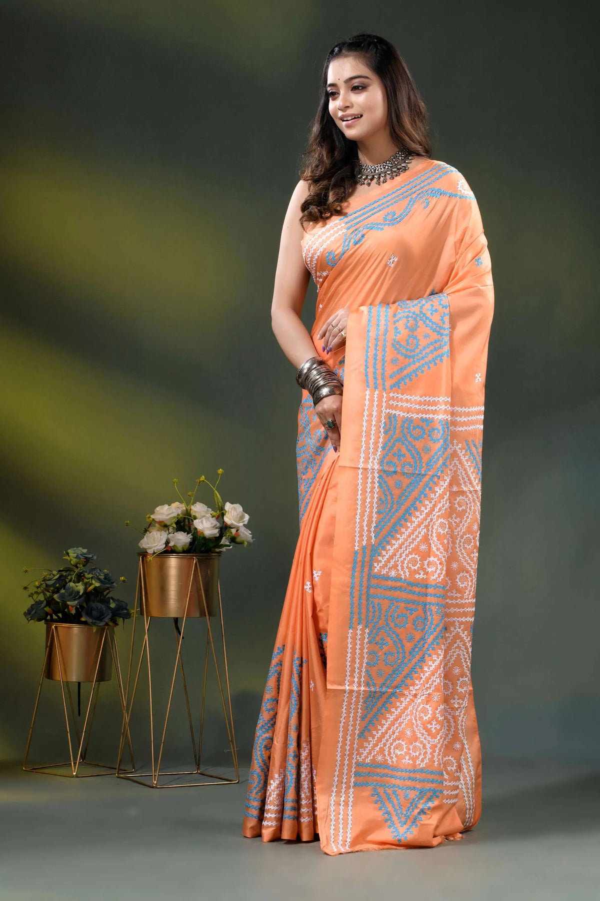 Vivid tangerine kutch embroidery silk saree with multicolor thread 3
