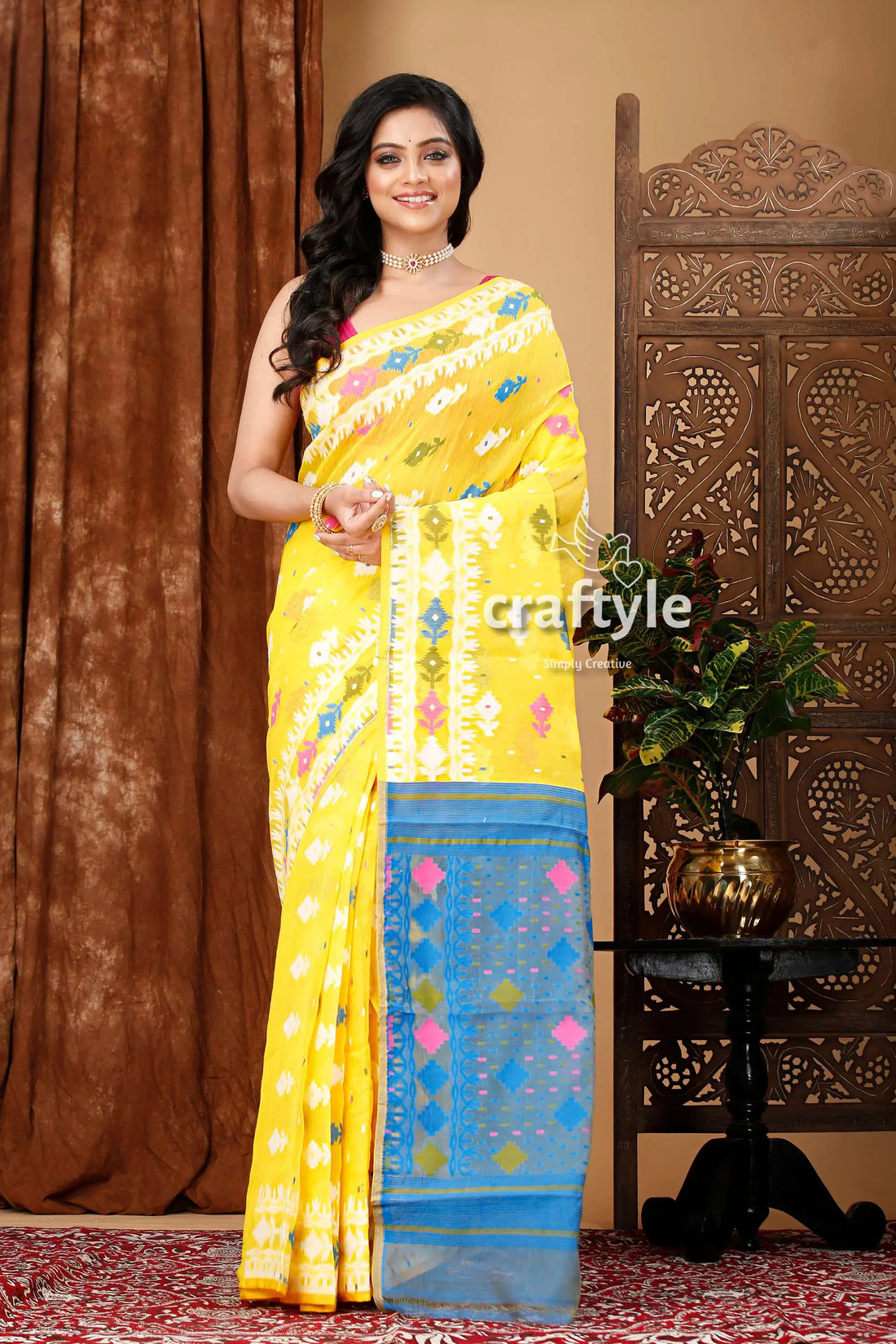Vivid yellow-blue premium bengal jamdani saree yellow saree blue border 1