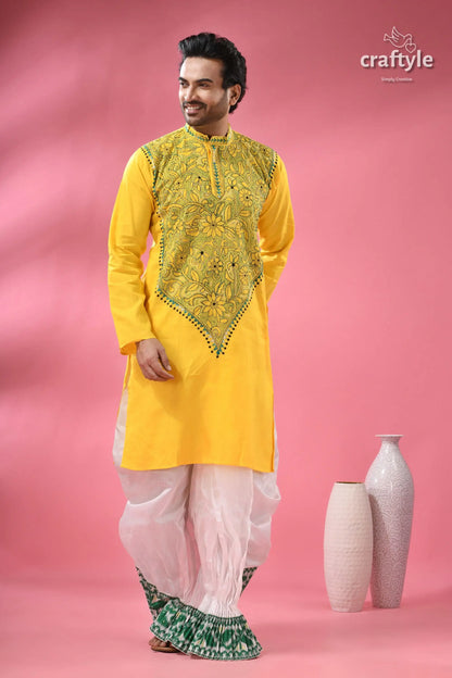 Vivid yellow kantha stitch cotton kurta for men men’s yellow embroidered kurta white 3