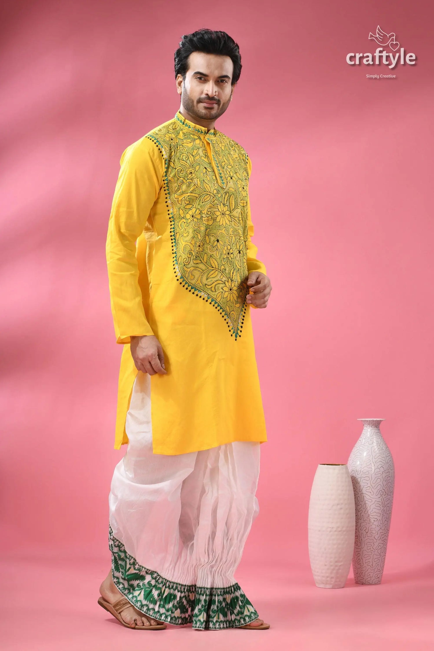 Vivid yellow kantha stitch cotton kurta for men men’s yellow embroidered kurta white 4