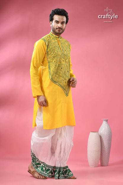 Vivid yellow kantha stitch cotton kurta for men men’s yellow embroidered kurta white 4