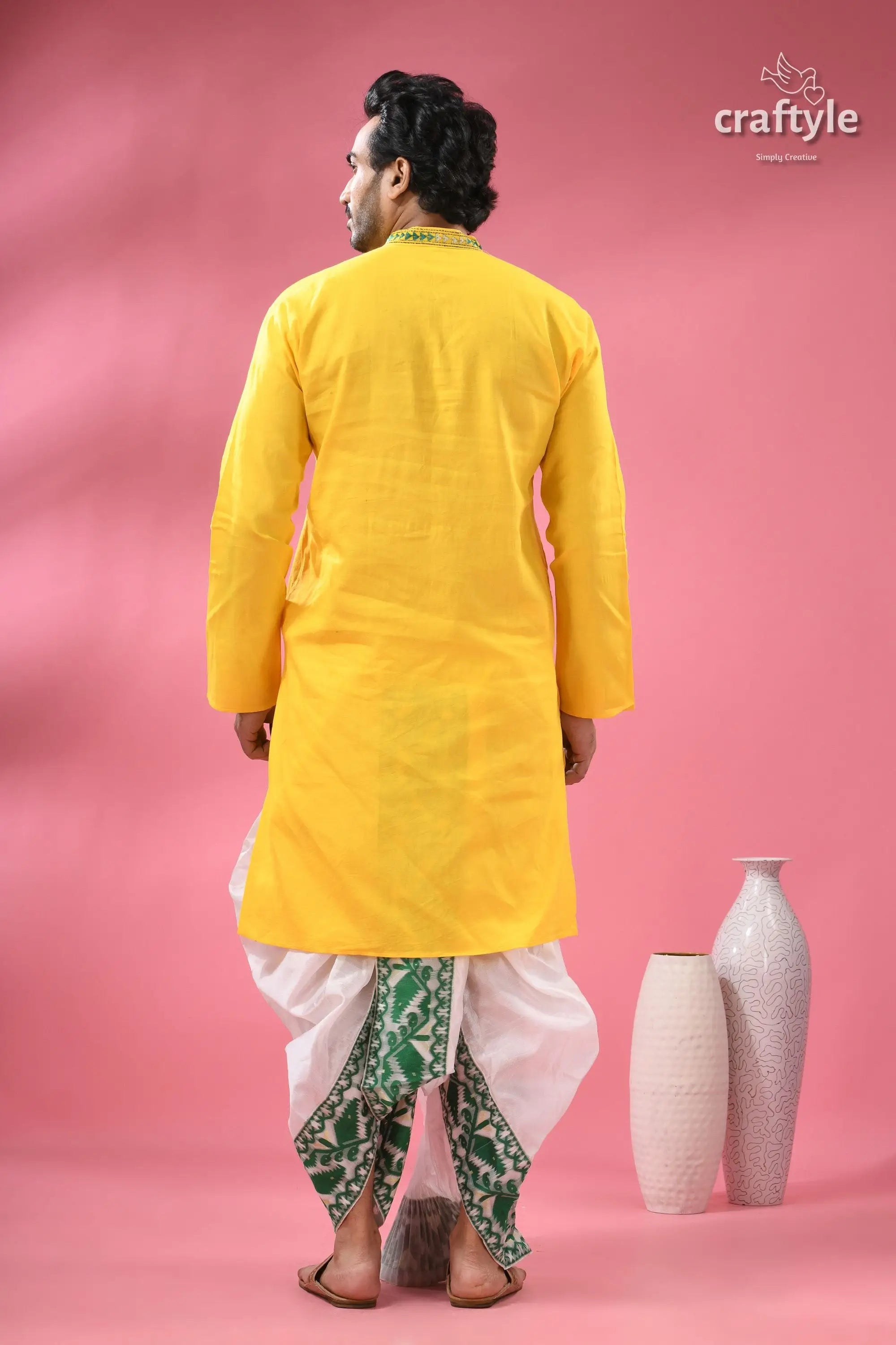 Vivid yellow kantha stitch cotton kurta for men men’s traditional indian outfit yellow 7