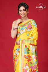 Vivid Yellow Premium Silk Kantha Stitch Saree-Craftyle