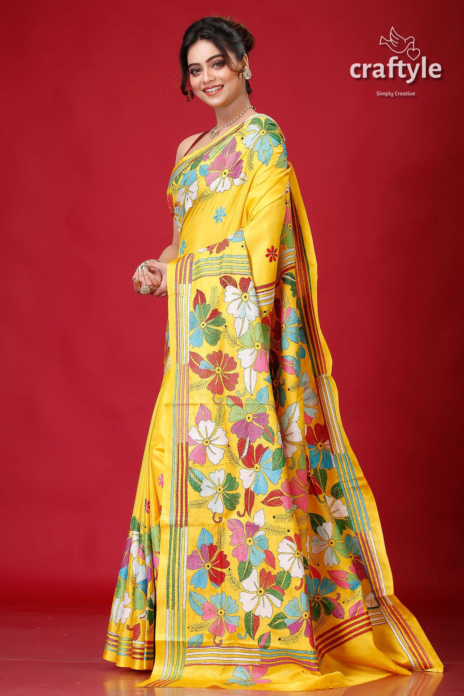 Vivid Yellow Premium Silk Kantha Stitch Saree-Craftyle
