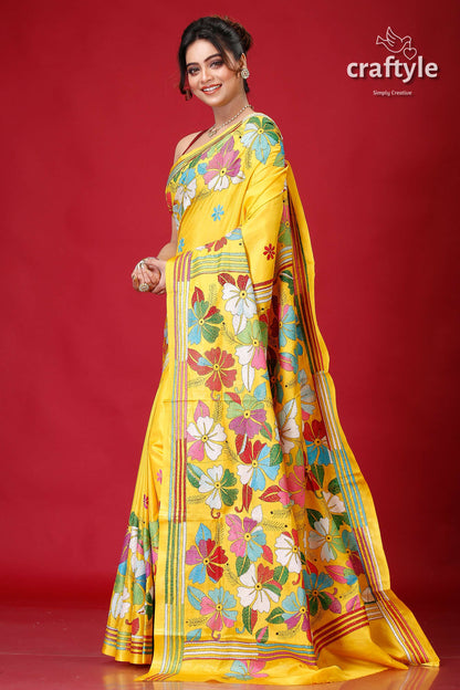 Vivid Yellow Premium Silk Kantha Stitch Saree-Craftyle
