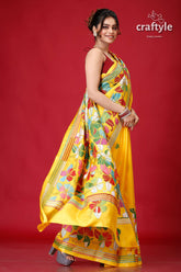 Vivid Yellow Premium Silk Kantha Stitch Saree-Craftyle