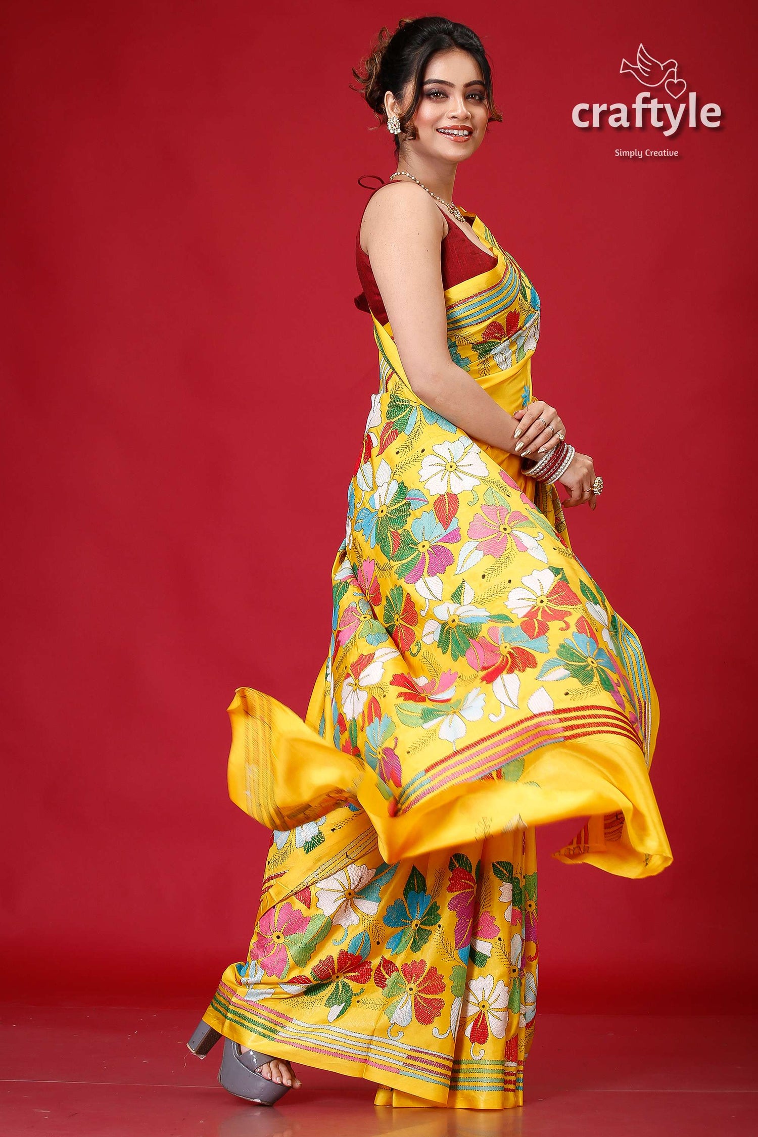Vivid Yellow Premium Silk Kantha Stitch Saree-Craftyle