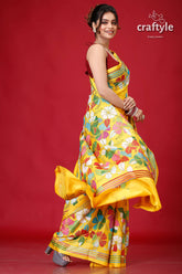 Vivid Yellow Premium Silk Kantha Stitch Saree-Craftyle