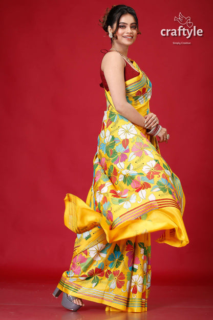 Vivid Yellow Premium Silk Kantha Stitch Saree-Craftyle
