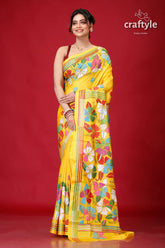Vivid Yellow Premium Silk Kantha Stitch Saree-Craftyle
