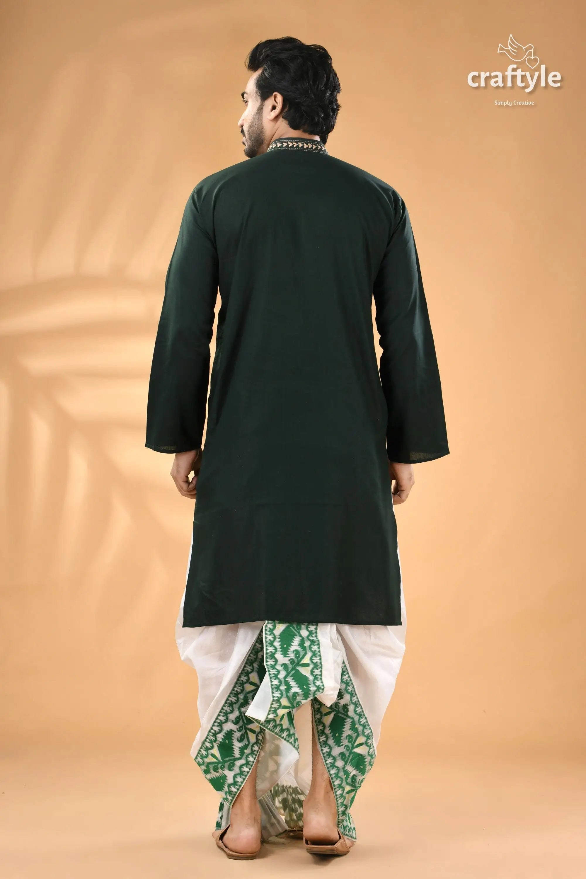 Warli design jungle green hand kantha stitched punjabi for men men’s dark green kurta white 6