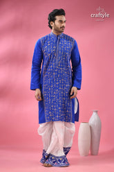 Warli design palatinate blue mens cotton punjabi - kantha stitch royal blue white embroidered kurta 3