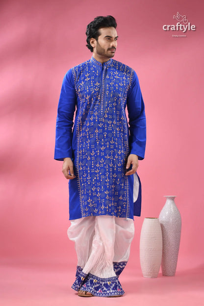 Warli design palatinate blue mens cotton punjabi - kantha stitch royal blue white embroidered kurta 3