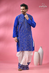 Warli design palatinate blue mens cotton punjabi - kantha stitch royal blue white embroidered kurta 4