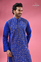 Warli design palatinate blue mens cotton punjabi - kantha stitch royal blue embroidered kurta intricate 2