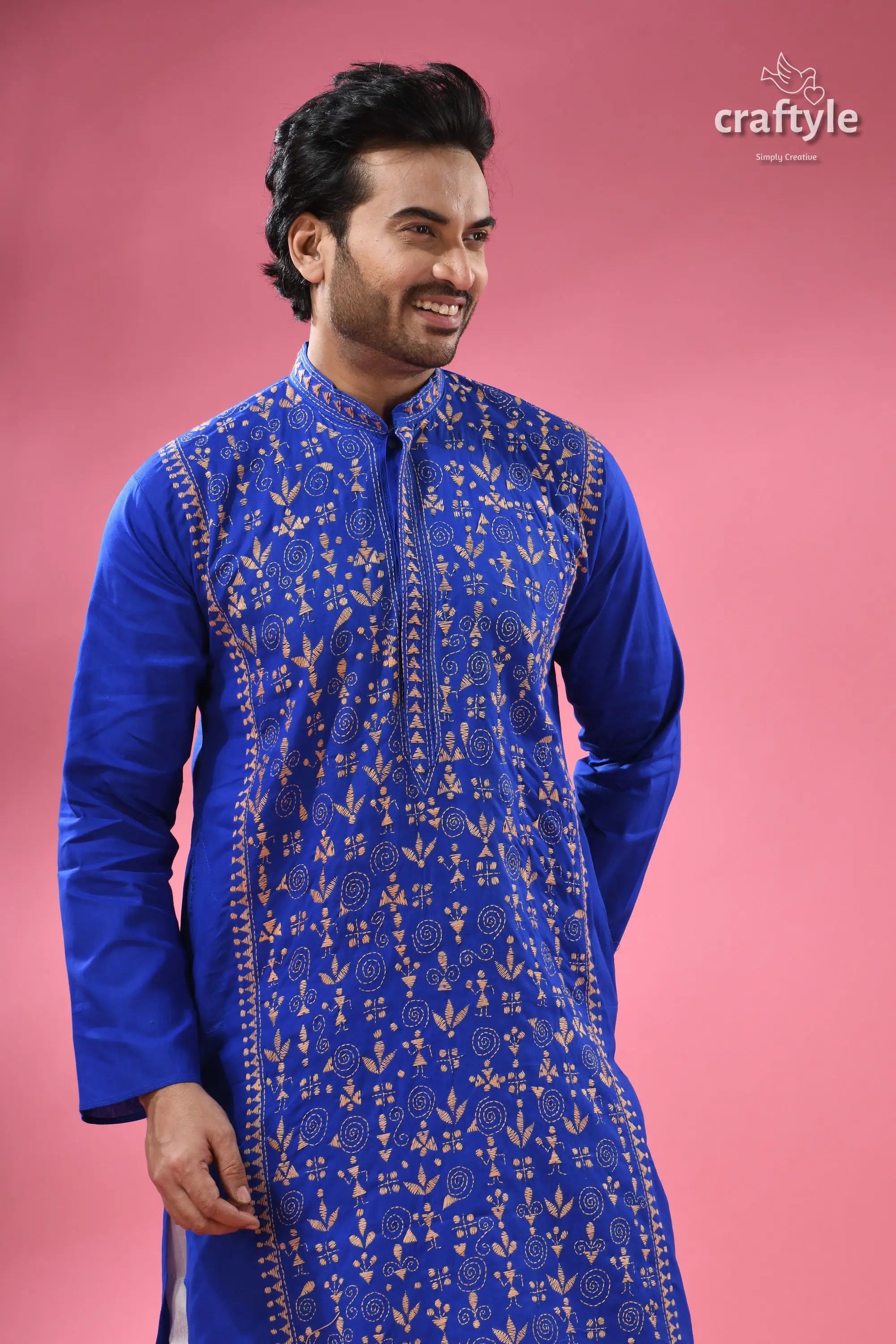 Warli design palatinate blue mens cotton punjabi - kantha stitch royal blue embroidered kurta intricate 2
