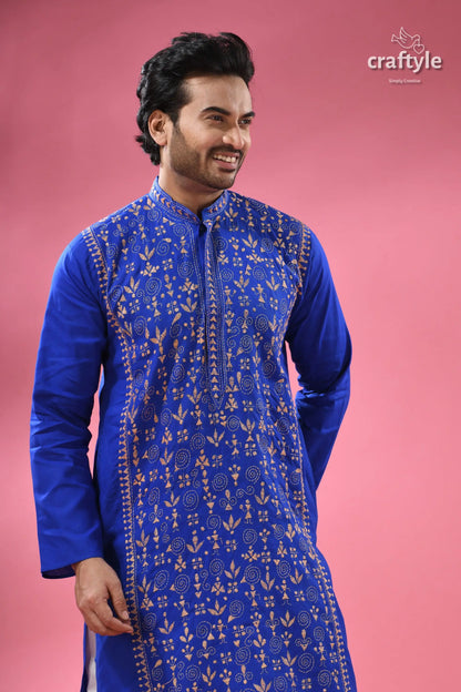 Warli design palatinate blue mens cotton punjabi - kantha stitch royal blue embroidered kurta intricate 2