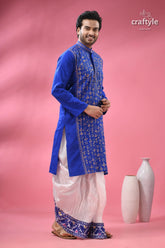 Warli design palatinate blue mens cotton punjabi - kantha stitch royal blue white embroidered kurta 5