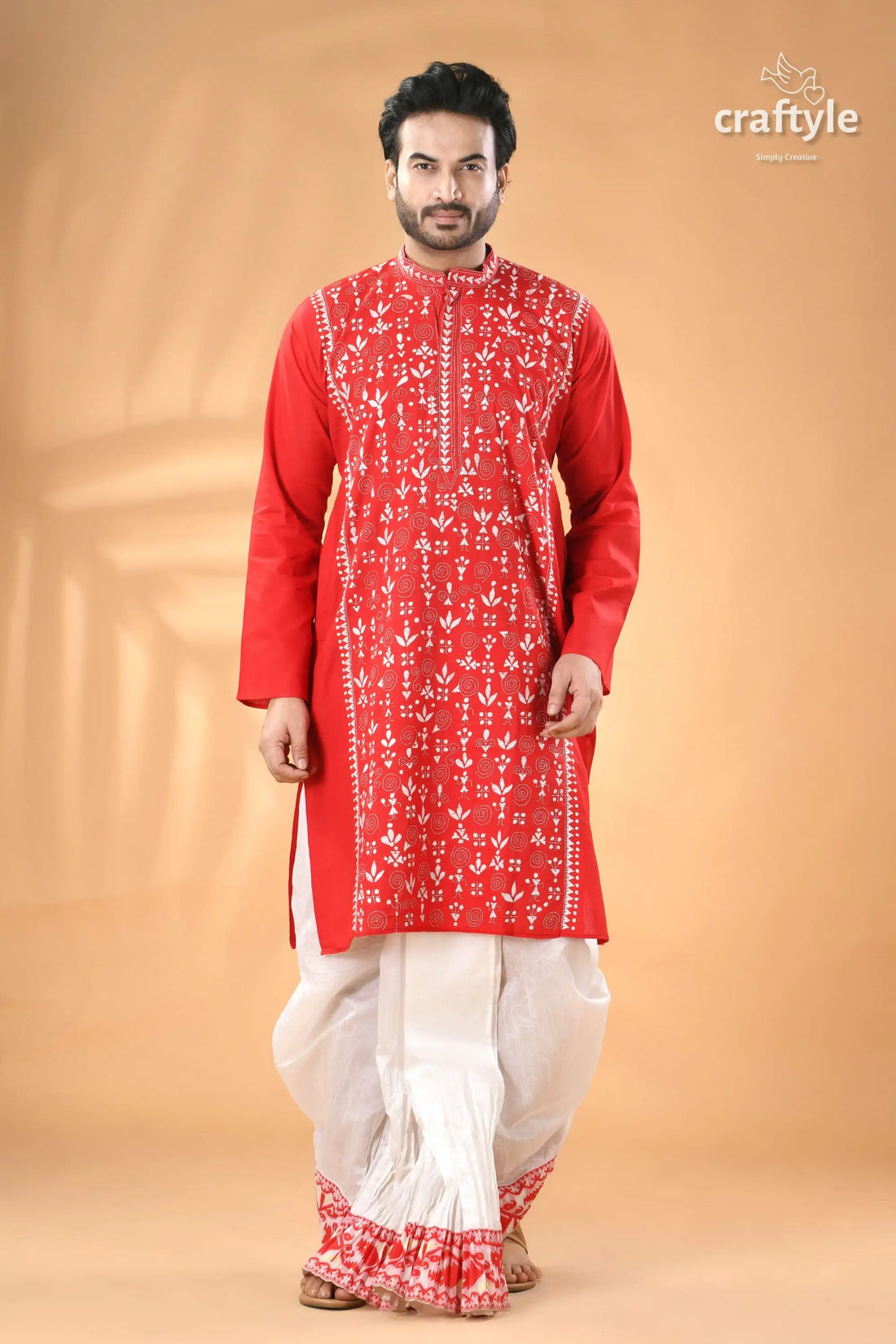 Warli design vivid red kantha stitch cotton kurta for men men’s red embroidered cotton panjabi 1