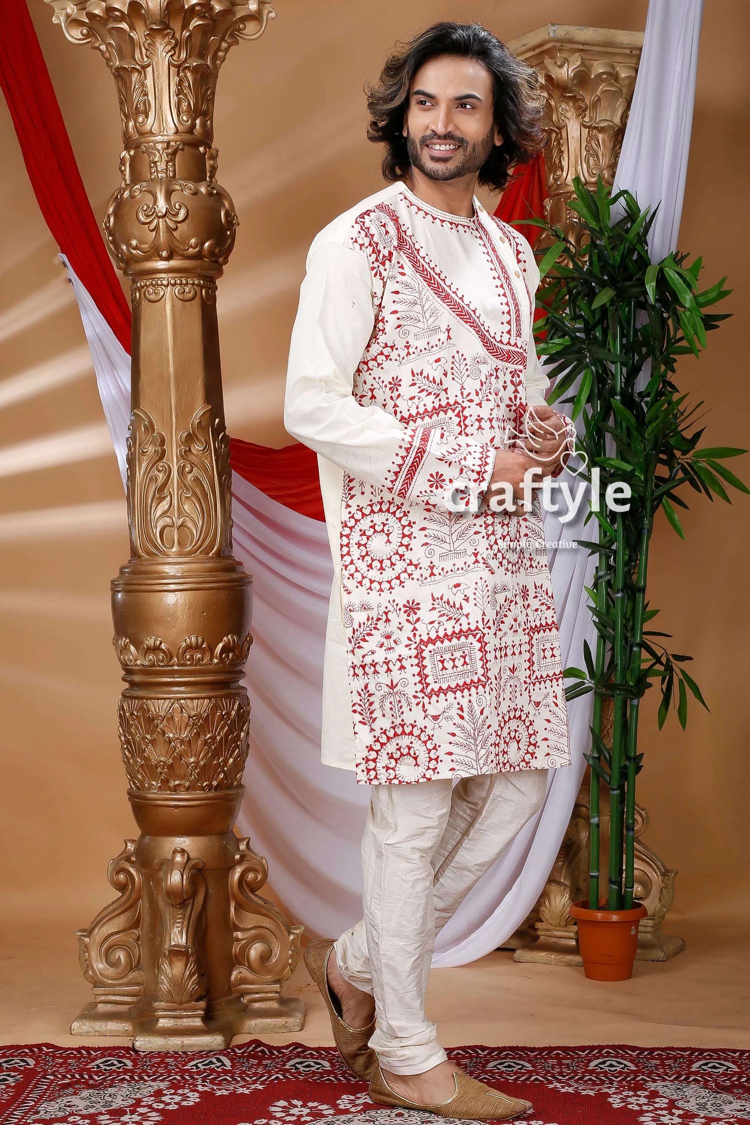 Warli design white hand kantha work cotton ethnic punjabi kurta intricate red embroidery 3