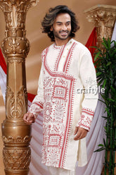 Warli design white hand kantha work cotton ethnic punjabi kurta intricate red black 2