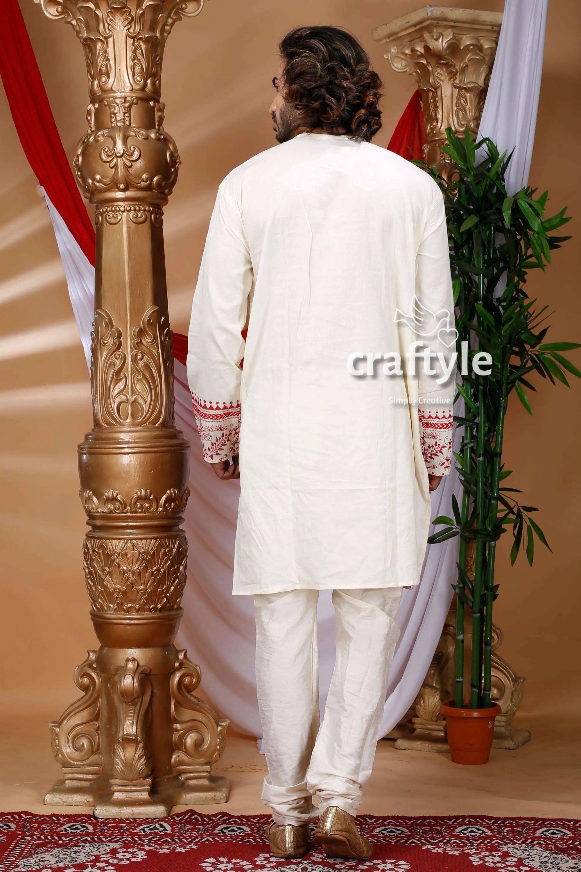 Warli design white hand kantha work cotton ethnic punjabi embroidered kurta red patterned 4