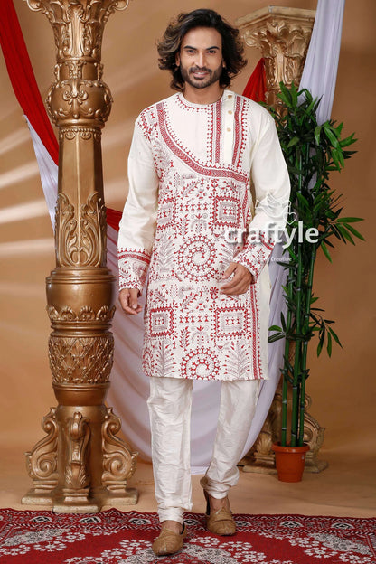 Warli design white hand kantha work cotton ethnic punjabi man kurta intricate red 1