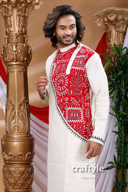 Warli design white kantha work cotton kurta for men man intricate red 2