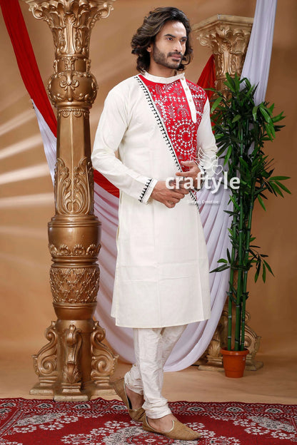 Warli design white kantha work cotton kurta for men intricate red embroidery 3