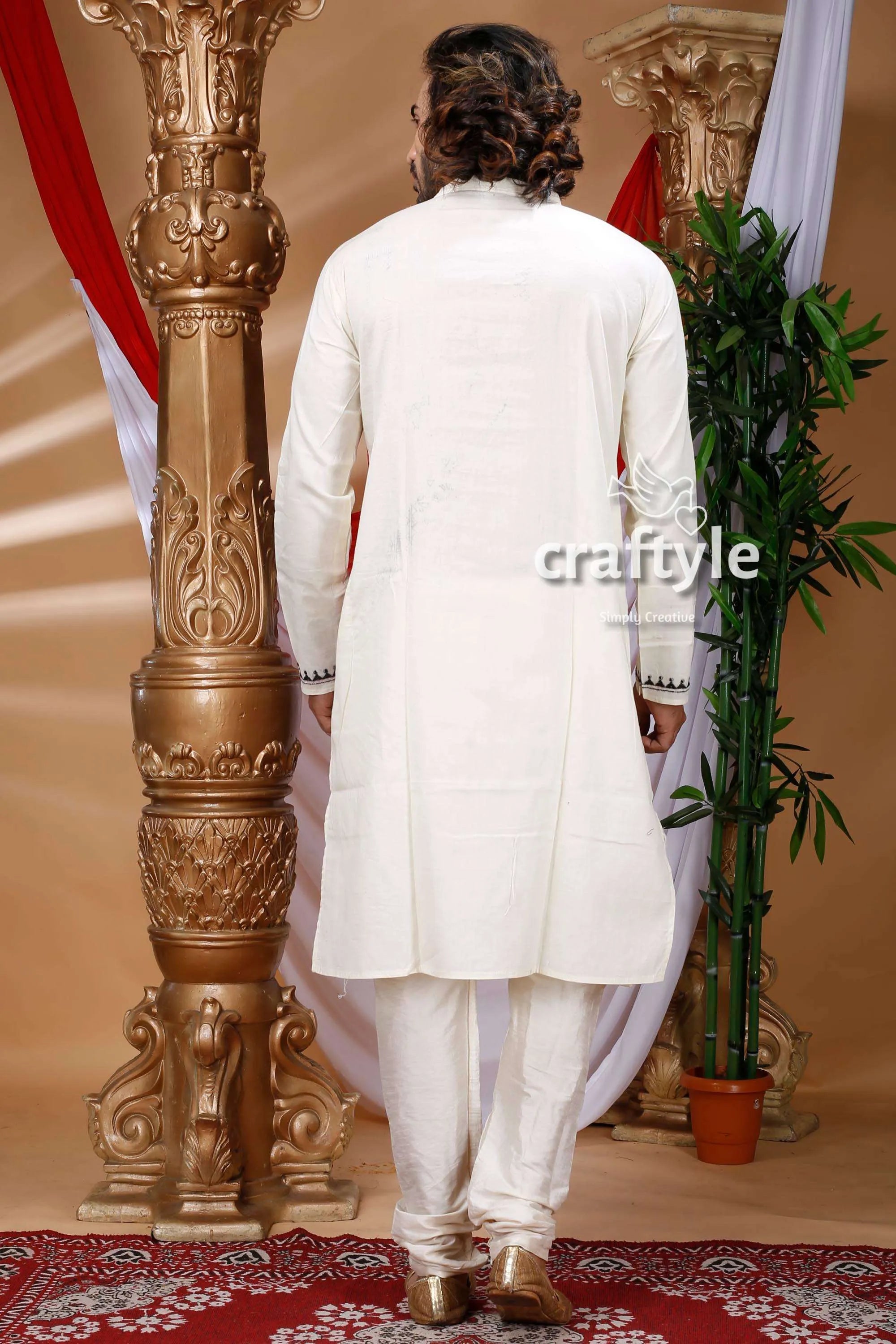 Warli design white kantha work cotton kurta for men traditional subtle black 4