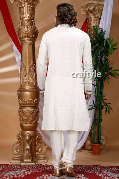 Warli design white kantha work cotton kurta for men traditional subtle black 4