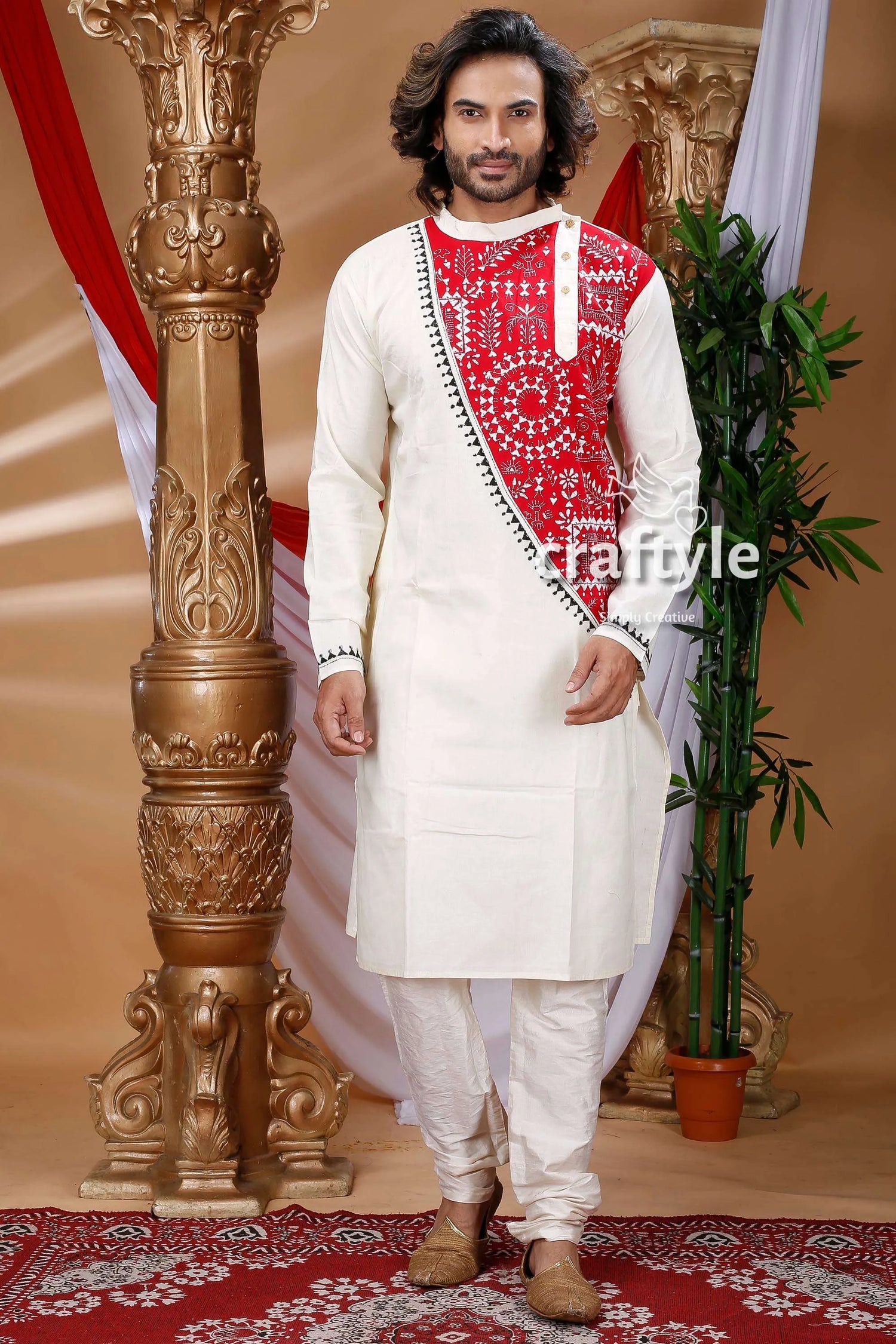 Warli design white kantha work cotton kurta for men vibrant red embroidered 1