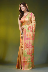 Warm peach kutch work saree with multi-thread hand embroidery 3
