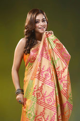 Warm peach kutch work saree with multi-thread hand embroidery 2