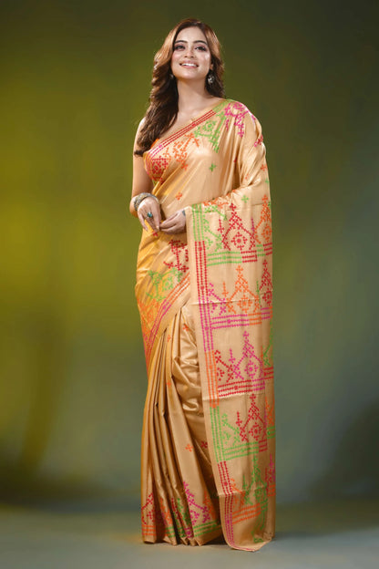 Warm peach kutch work saree with multi-thread hand embroidery 6