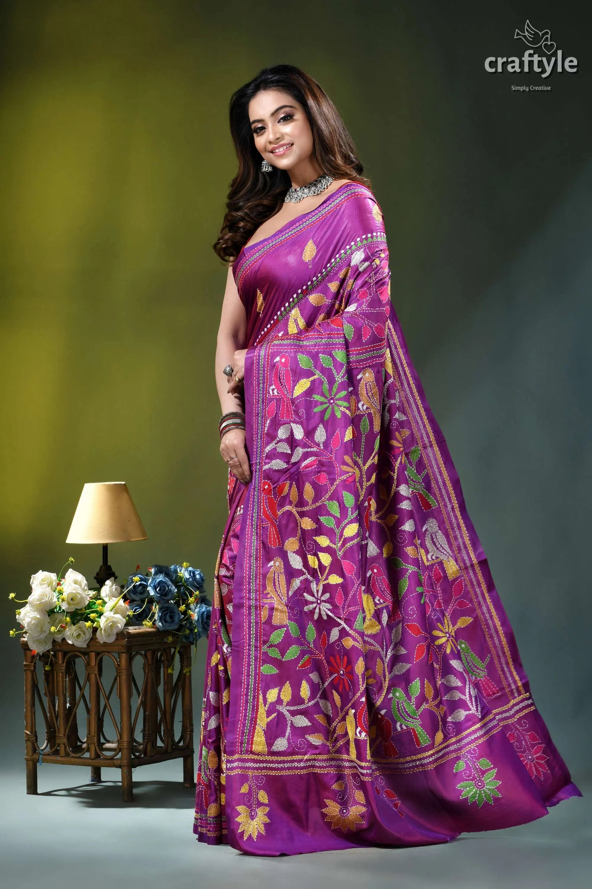 Warm purple bird design hand embroidered silk kantha saree vibrant purple saree adorned intricate 3