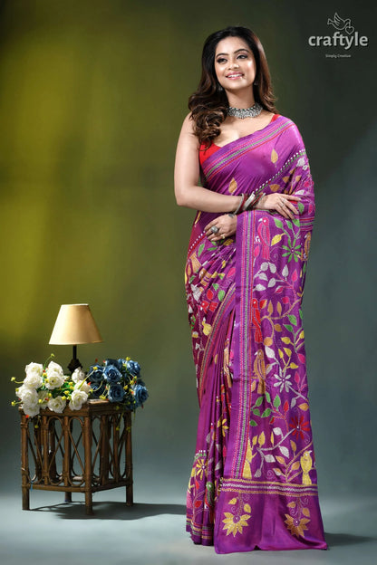 Warm purple bird design hand embroidered silk kantha saree vibrant purple saree intricate floral 7