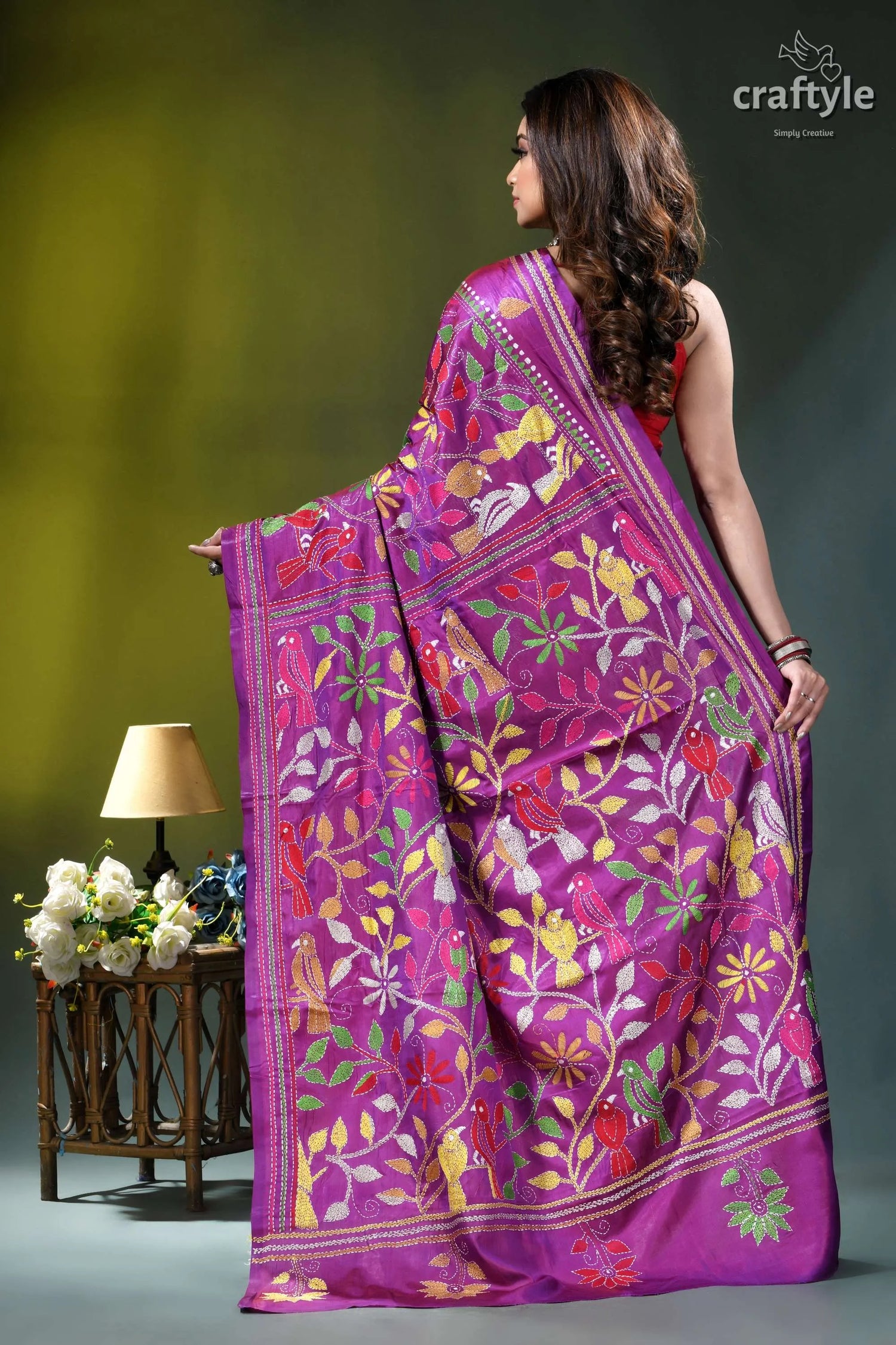 Warm purple bird design hand embroidered silk kantha saree vibrant purple silk saree adorned 5