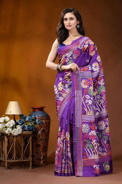 Warm purple floral motif multicolor hand embroidered kantha silk saree vibrant purple saree adorned intricate 3