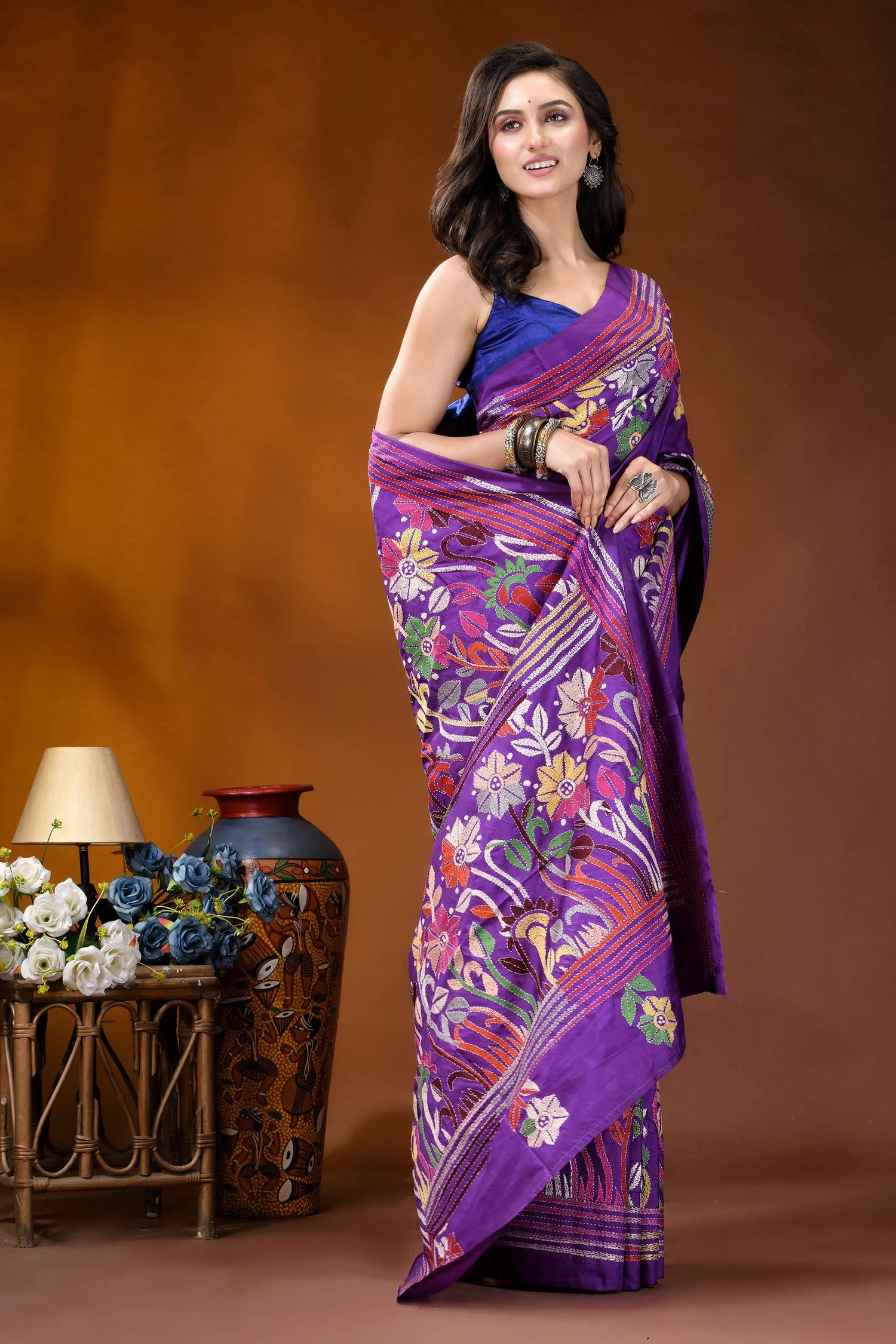Warm purple floral motif multicolor hand embroidered kantha silk saree vibrant purple saree intricate floral 5