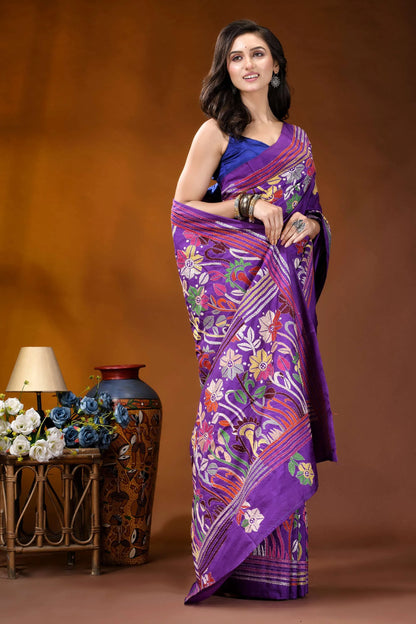Warm purple floral motif multicolor hand embroidered kantha silk saree vibrant purple saree intricate floral 5