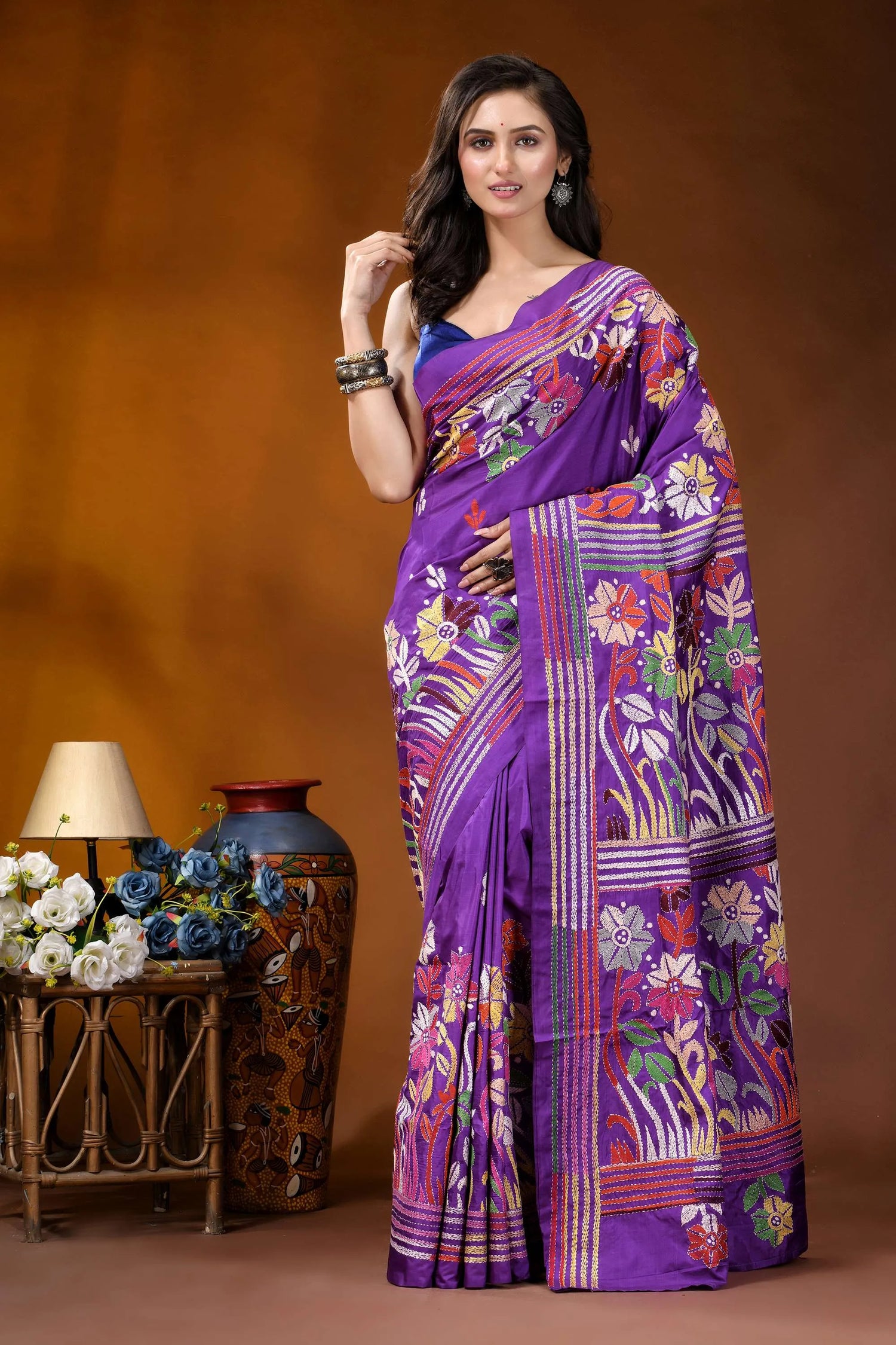 Warm purple floral motif multicolor hand embroidered kantha silk saree vibrant purple saree adorned intricate 1