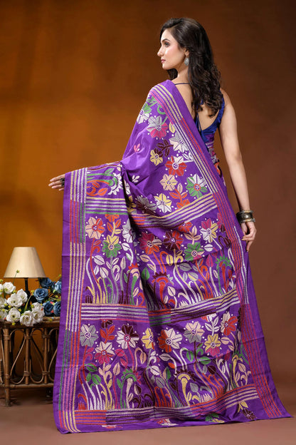 Warm purple floral motif multicolor hand embroidered kantha silk saree vibrant purple silk saree adorned 6