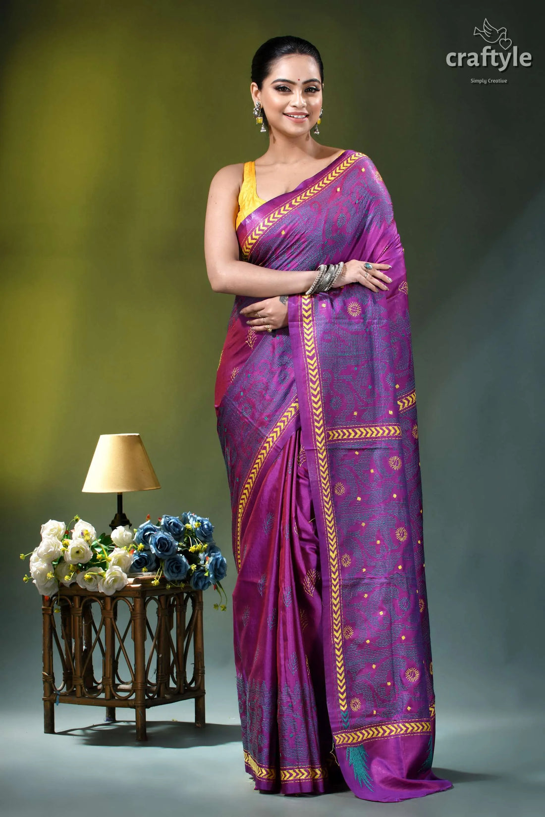 Warm purple handcrafted jamdani motif silk kantha stitch saree purple silk saree gold teal 1