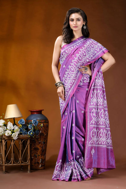Warm purple kutch embroidery silk saree with ethnic design woman wears vibrant purple saree 4