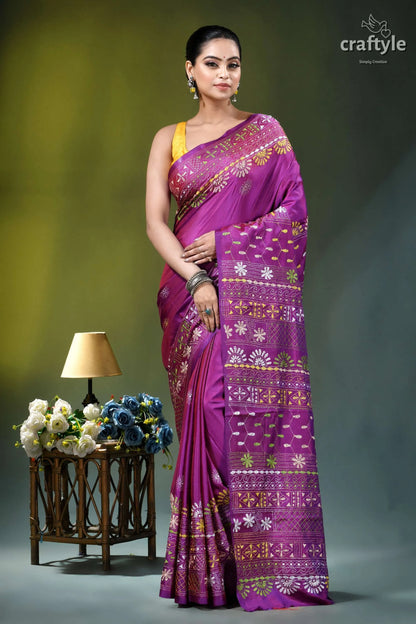 Warm purple multicolor hand embroidery silk lambani saree - floral motif vibrant purple saree intricate gold 7